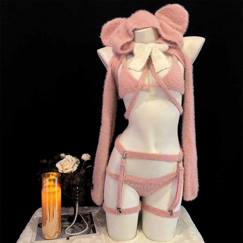 〔アニマル〕ふわもこ甘かわバニー風ランジェリーセット(耳付きフード×ガーターデザイン)