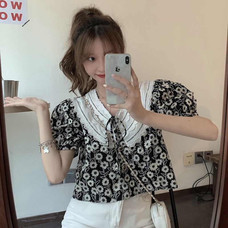 トップス サマーレースVネックショートシャツ スリーブ 大人ガーリー スウィート キュート カジュアル 夏物 萌量不足48127910218