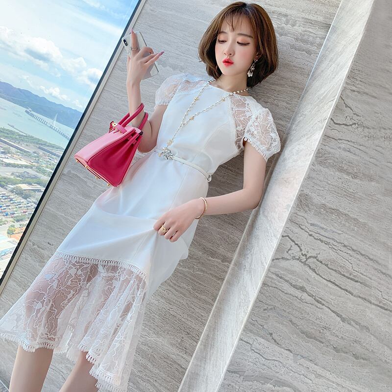 ラウンドネックレースバックルベルト ウェストドレス オータム レッド 刺繍 秋物 ハーネス Oネック ステッチ MIUCO22280710932