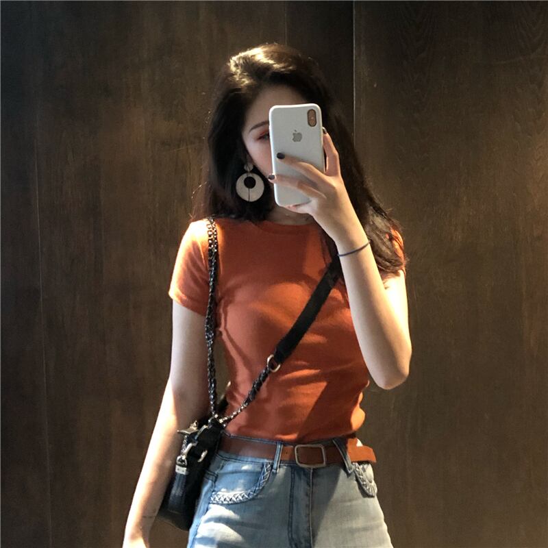 スタンダードスリムTシャツ スプリングオータムスタイルソリッド カラーベーシックトップス レトロ 春物 秋物 ソリッドカラー YY-ファッション62628414132