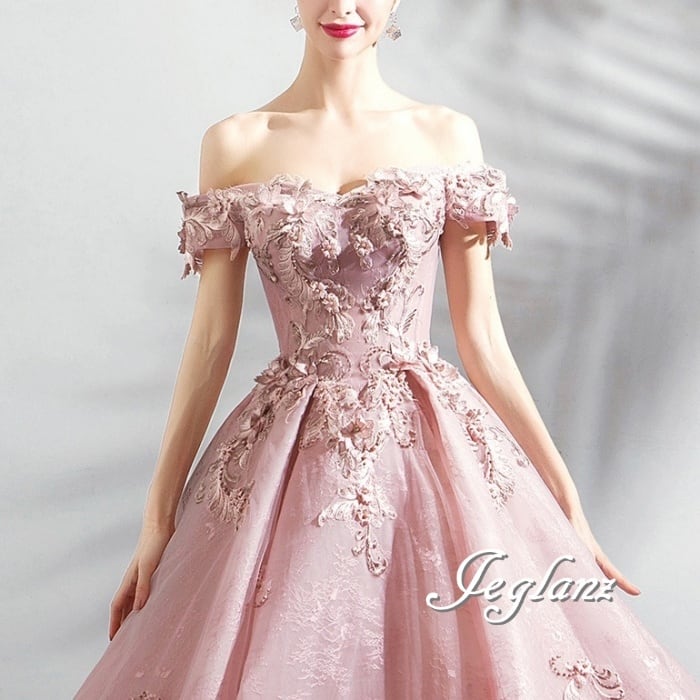 ウエディング カラードレス オフショル 刺繍 パール 背中 編み上げ(M9011)π