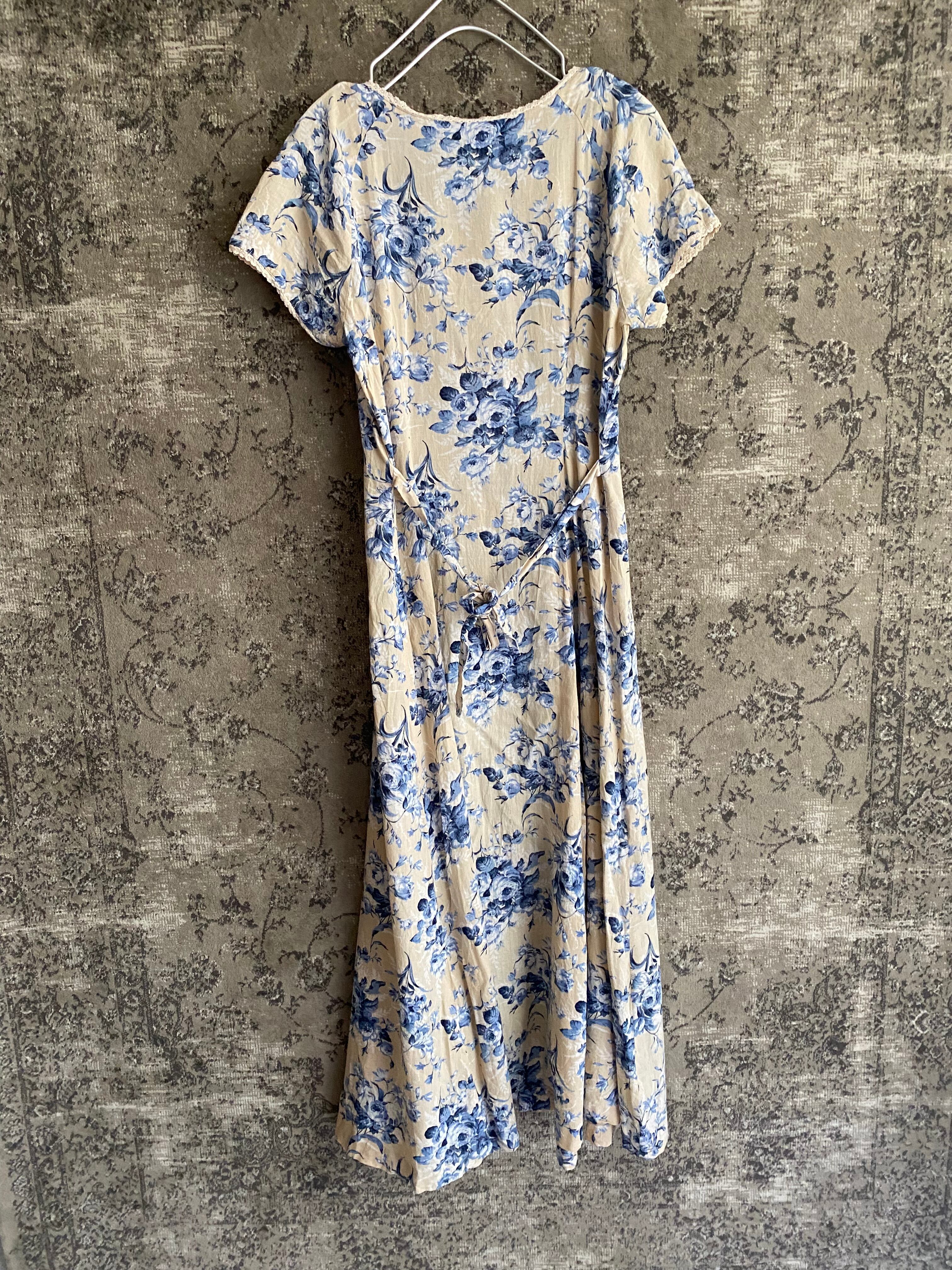 ナンバー705半袖ロングワンピース、シャツワンピース、花柄バラ、古着  