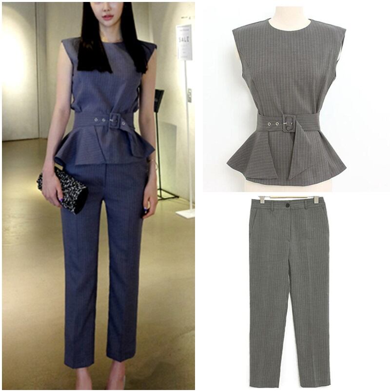 ペプラム ノースリーブ ベルト ストレートパンツ セットアップ