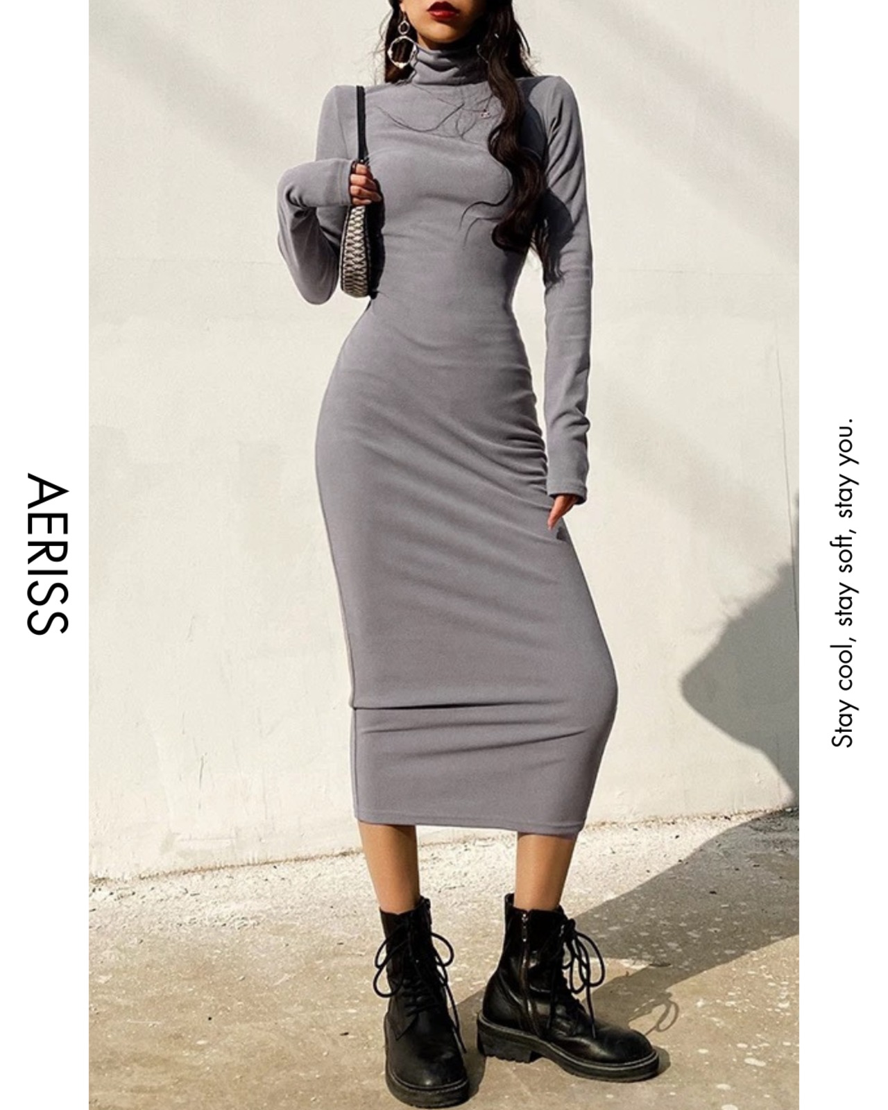 ハイネックストレッチロングワンピース 5color A0745 - 1