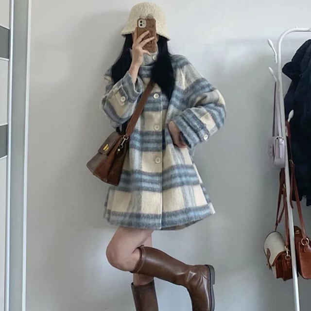 コート レディース アウター ウール ショート丈 チェック柄 ブルー 大人可愛い おしゃれ かわいい フェミニン 暖かい 秋冬 XS/S/M/L
