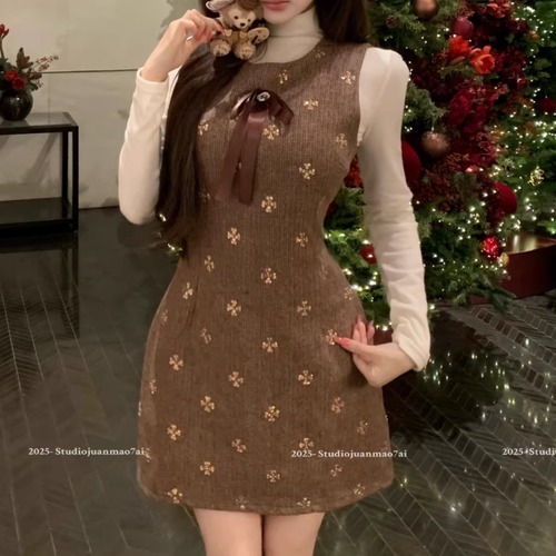 【2点セット】ハイネックトップス＋スパンコールデコリボンジャンスカ ・74548