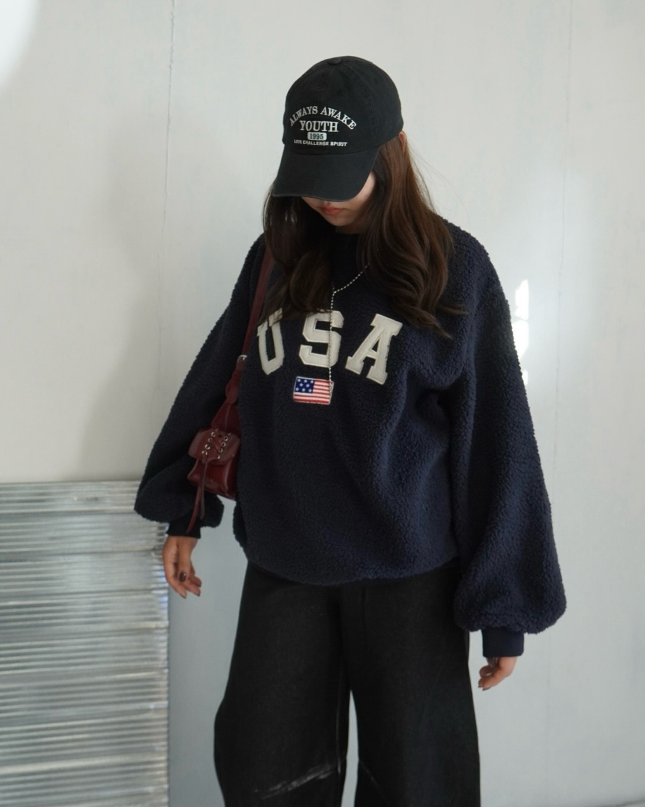 【USA】刺繍ボアプルオーバー【unisex】/ダークネイビー