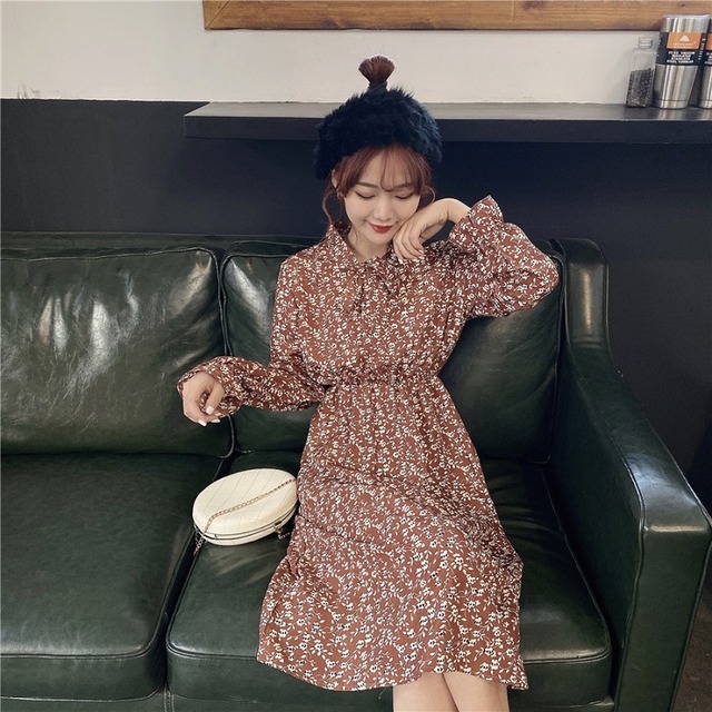 レディース ワンピース 春 秋 冬 シャツ ワンピースリボン 長袖 ハイウエスト ロング ミモレ丈 小花柄 ワンピース シンプル カジュアル おしゃれ ガーリー 大人可愛い お出かけ デート 通学 学生 キャンパス 旅行 女子会 普段着 ブラック ブラウン アプリコット 黒 茶色