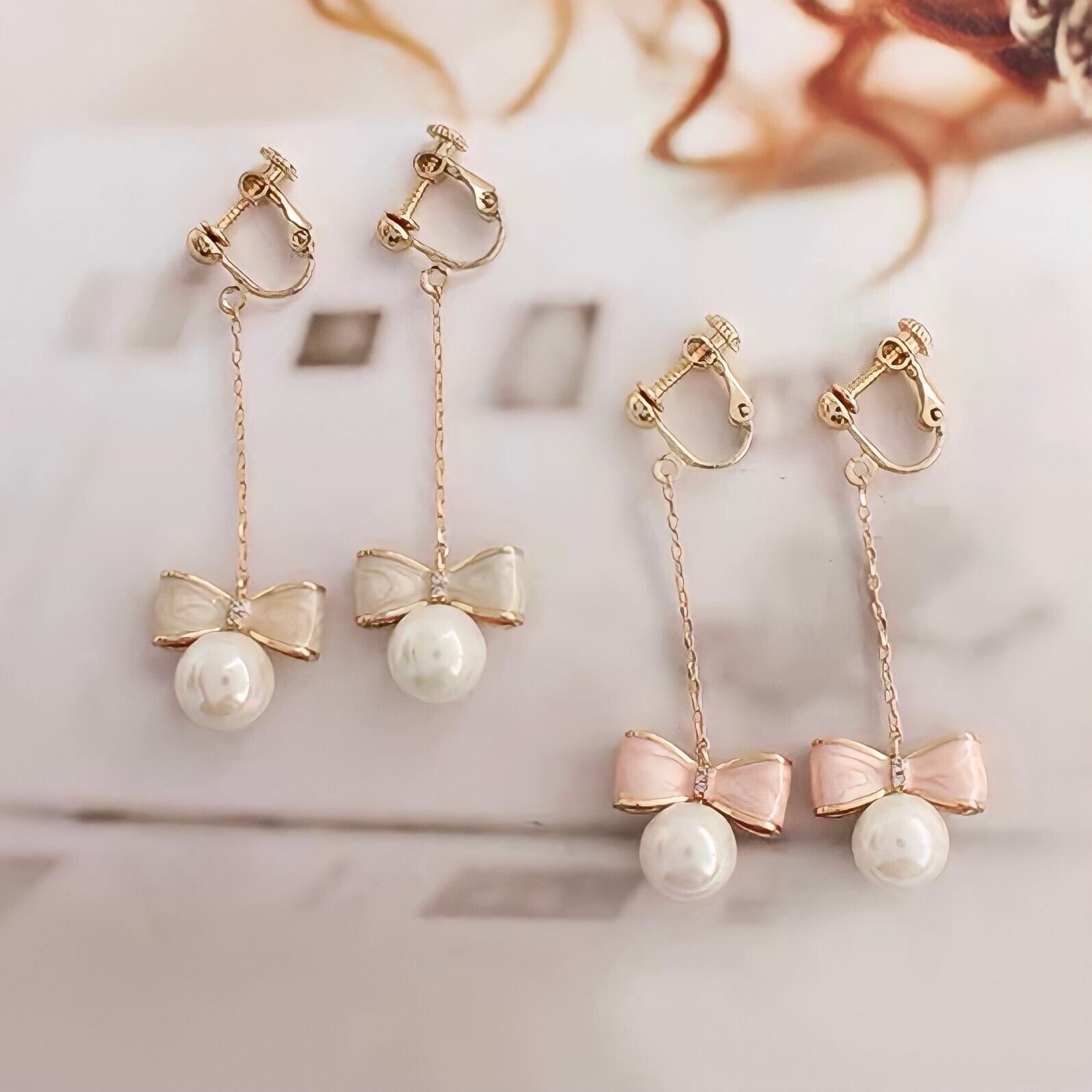 リボンパールピアス/イヤリング*TR001 | cherie ange