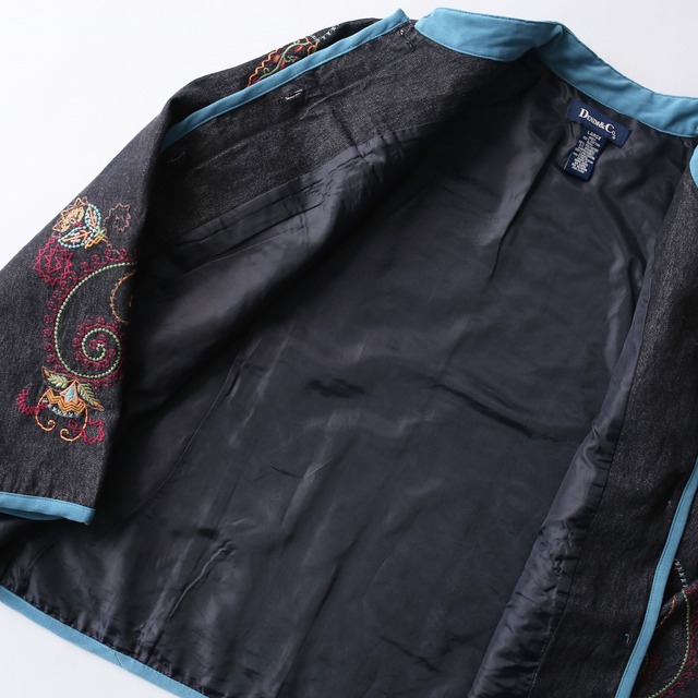 piping and embroidery art design black denim jacket
