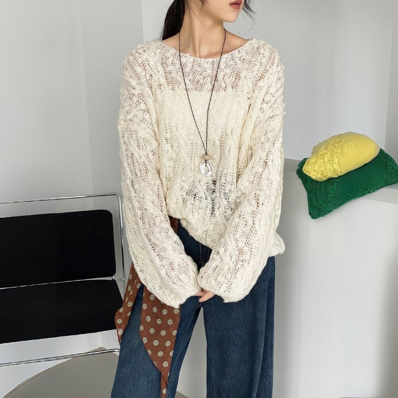 透かし編みボートネックニットプルオーバー ◆3color 204406