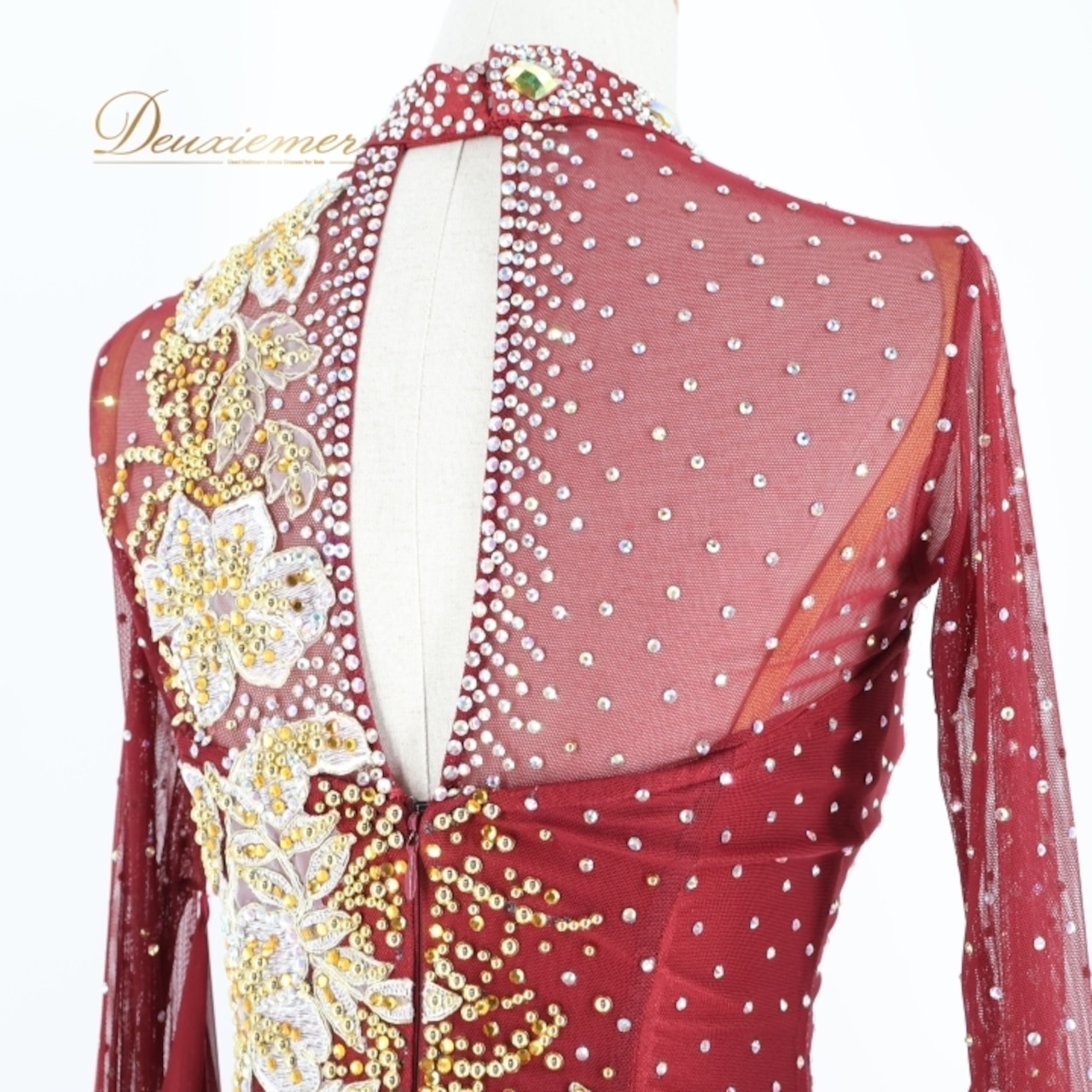 社交ダンス 衣装 スタンダードドレス ワンピース ドレス スタンダード ワインレッド ゴールド 金 赤 デモ 競技 ダンス パーティ 発表会 上品 フロート レース 華やか レッド系 エレガント 輝き 高級感 おしゃれ 美しい フォーマル ステージ コスチューム