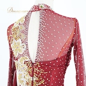 社交ダンス 衣装 スタンダードドレス ワンピース ドレス スタンダード ワインレッド ゴールド 金 赤 デモ 競技 ダンス パーティ 発表会 上品 フロート レース 華やか レッド系 エレガント 輝き 高級感 おしゃれ 美しい フォーマル ステージ コスチューム