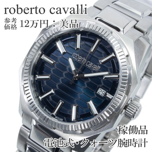 稼働品 送料無料 ロベルトカヴァリ 腕時計 クォーツ メンズ RV1G025M0051 ネイビーブルー オクタゴン パイソン柄文字盤 重厚感 綺麗 X644
