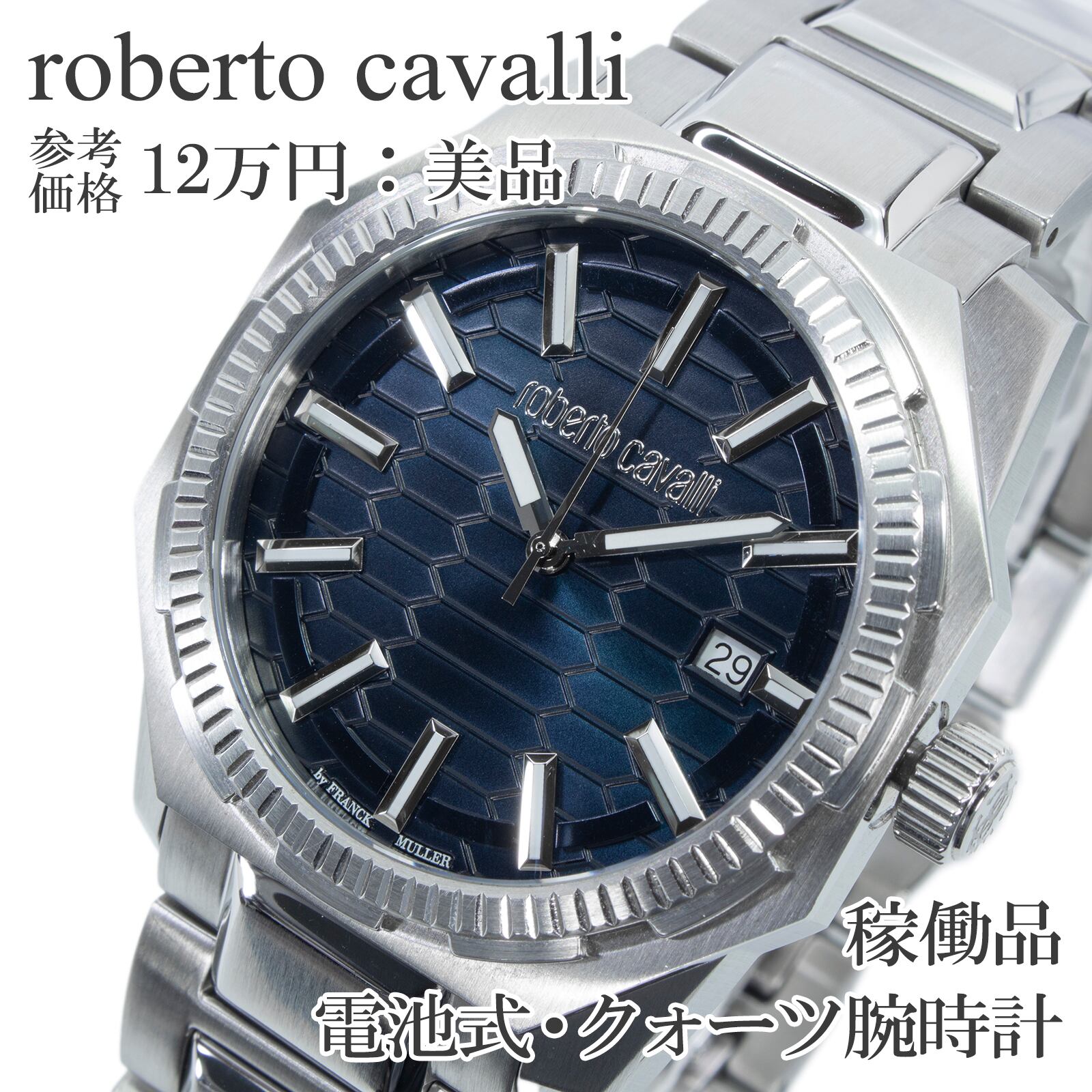 稼働品 送料無料 ロベルトカヴァリ 腕時計 クォーツ メンズ RV1G025M0051 ネイビーブルー オクタゴン パイソン柄文字盤 重厚感 綺麗 X644