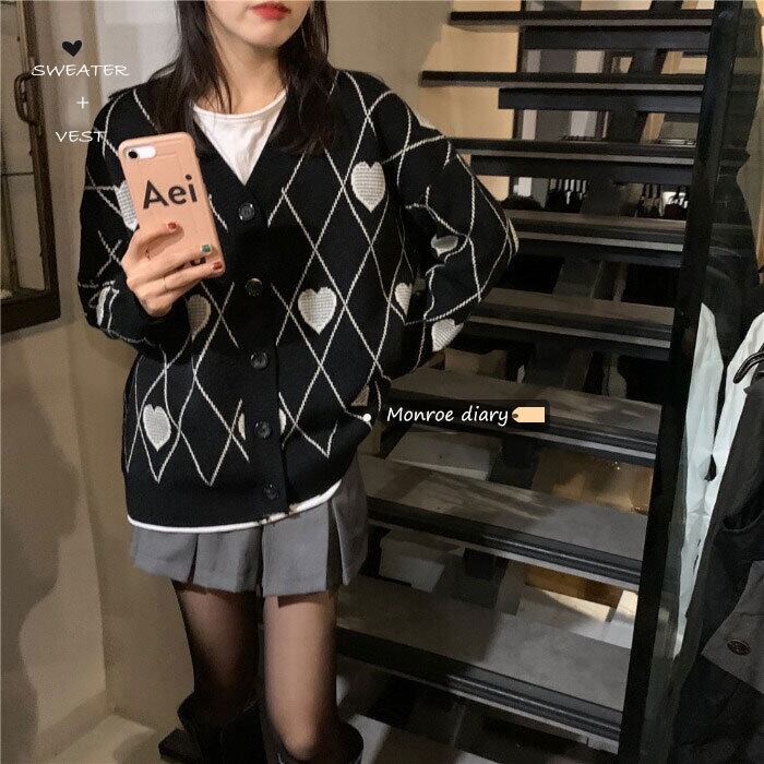 Vネックカーディガンセーター レディースルーズショートニットジャケット スプリングコート 春物 モンロー53660020317