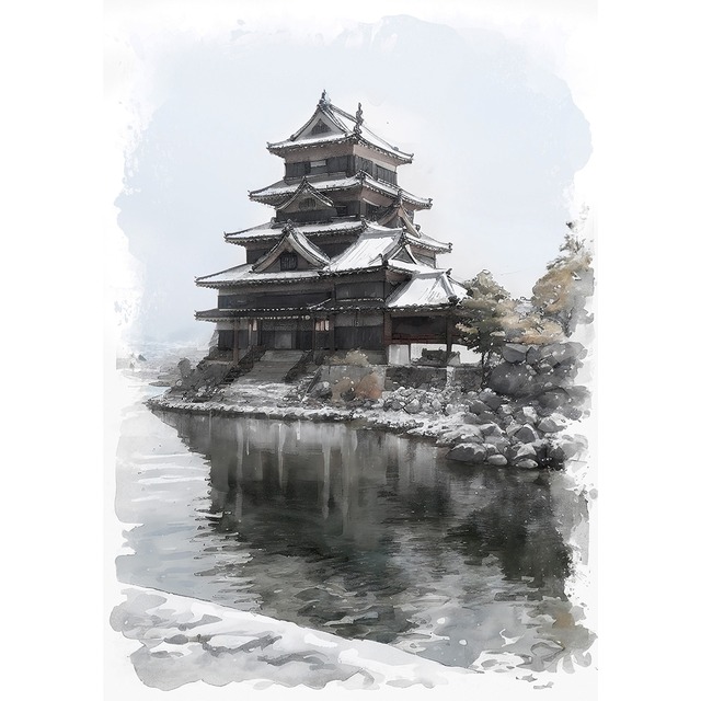 絵画 風景画(街並み) 日本の城 長野県 冬の松本城 インテリアアート額付き 水彩画・油絵風 WAT1581