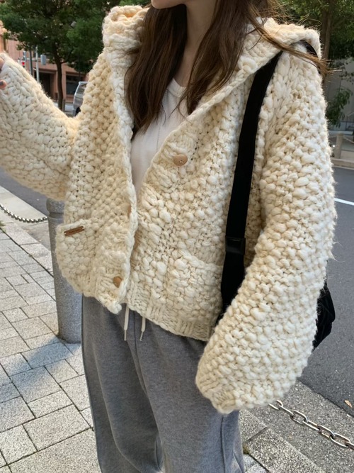 (予約) mellounge / Hooded balloon hand cardigan 1color