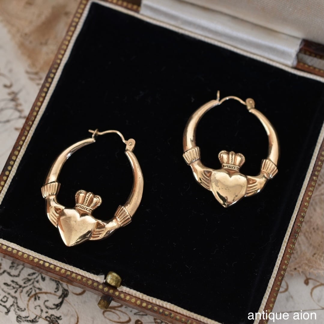 英国ヴィンテージ 1970s-80s 9金 天然スモーキークォーツ ピアス 英国