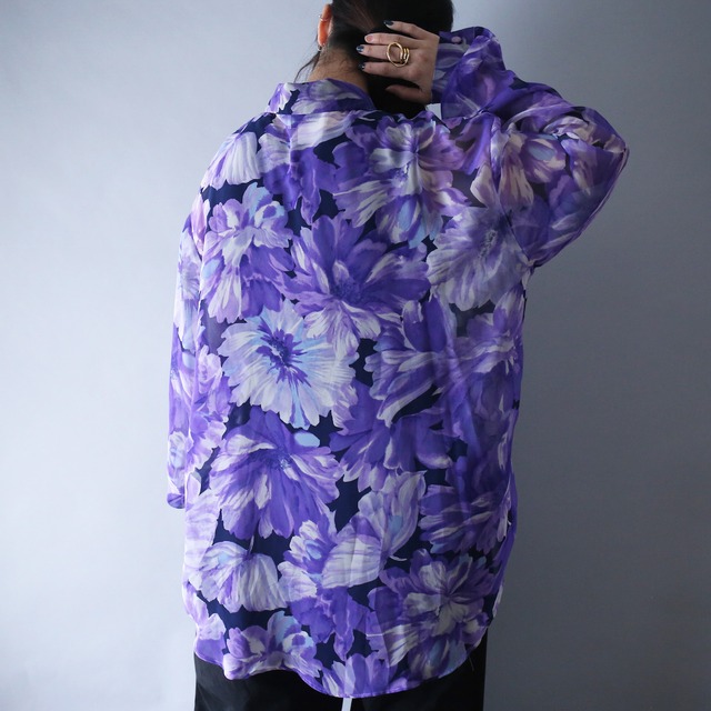 violet beautiful flower art pattern over silhouette see-through shirt