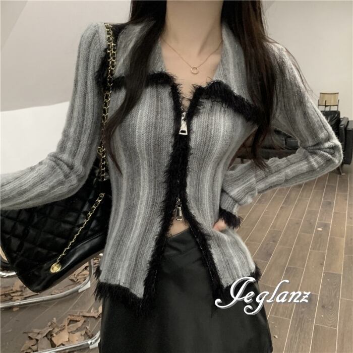 2色 ニット カーディガン 羽織り 襟付き ジップ フェザー (MB459)σ,ς*