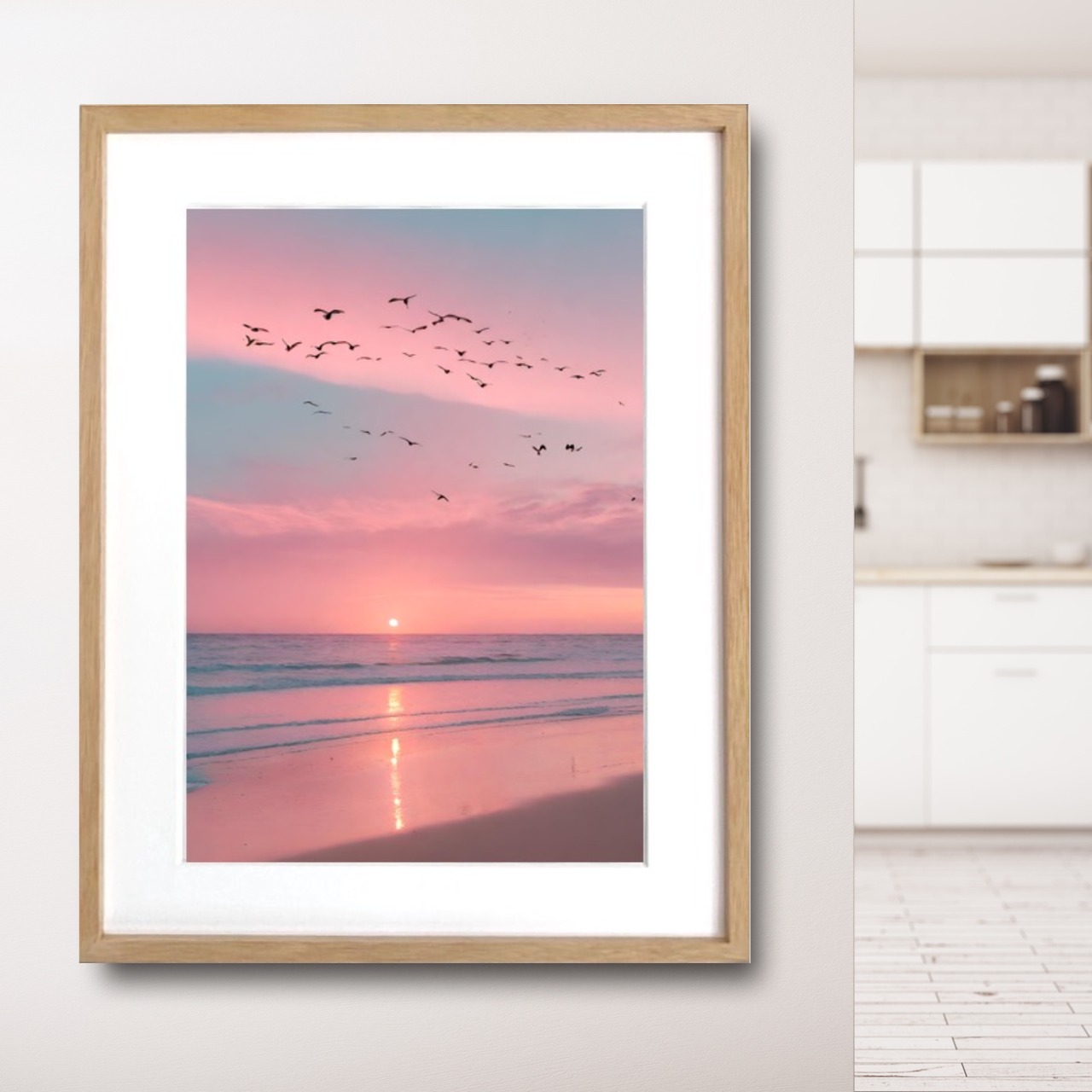 going back to home｜夕陽と鳥が描く癒しのアートポスター｜サンセットの穏やかな色合いで空間に安らぎをプラス｜額縁セット｜A4ポスター