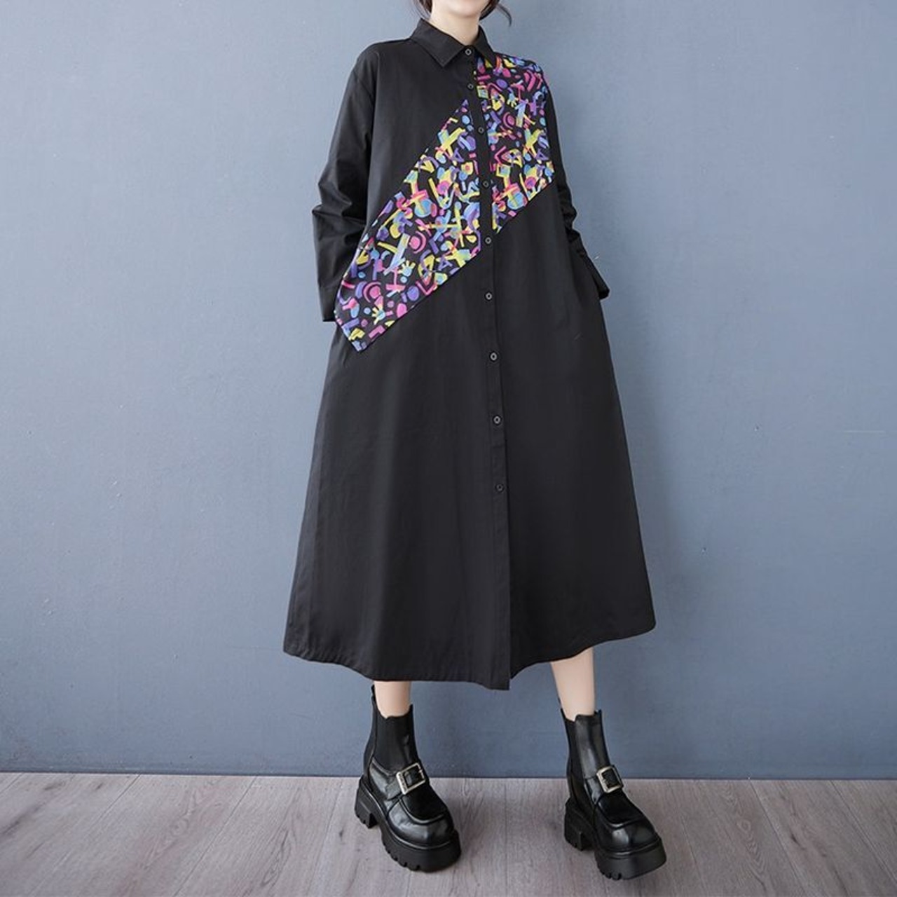 斜め柄 配色 シャツワンピース  00003