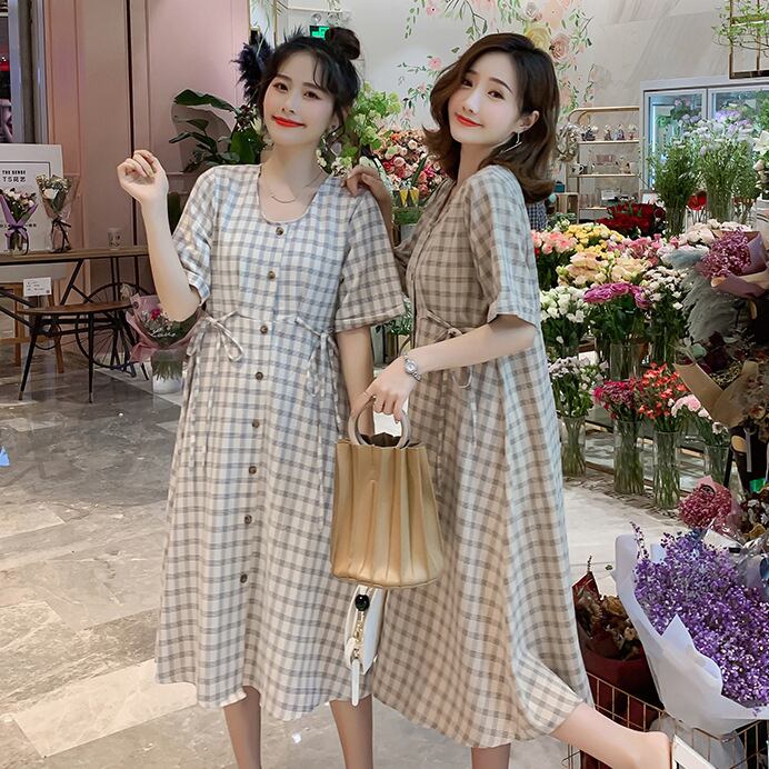 【新作】【送料無料】 マタニティウェア2020夏の新しいファッションコットンとリネンのチェック柄のルーズドレス、年齢を減らすミドル丈のマタニティドレス-アリババ サマー 夏物 expec24971290820