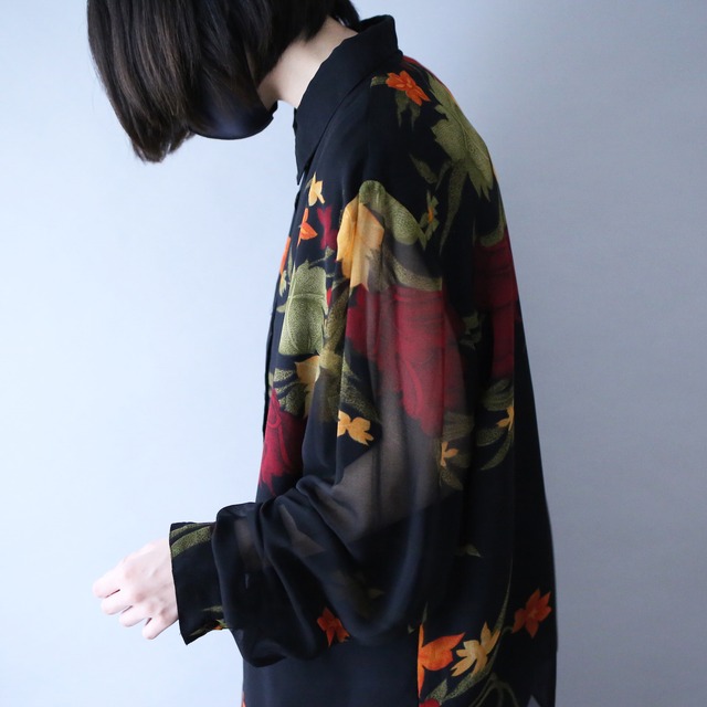 flower art pattern sleeve switching see-through design shirt