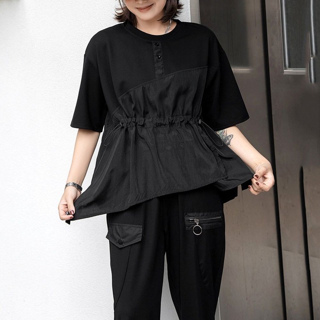 ASYMMETRIC DRAWSTRING SHORT SLEEVE T-SHIRT M-17891