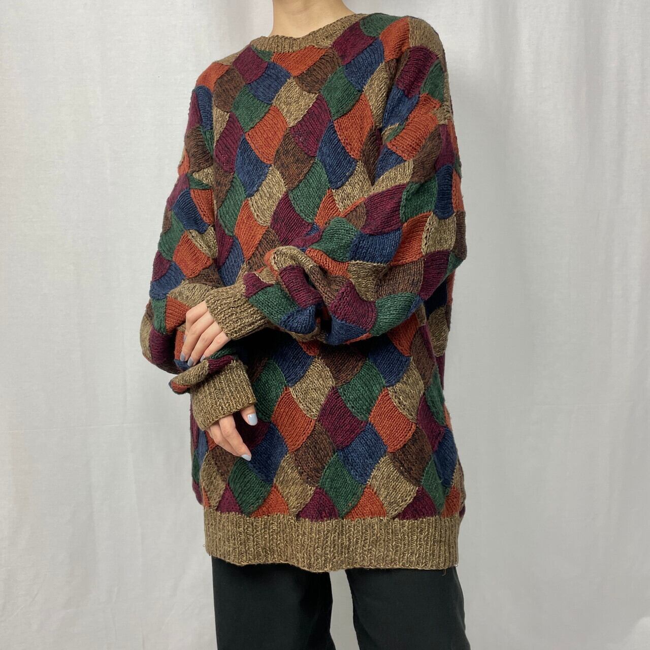 SALE 古着 ビンテージ  90s パッチワーク ニット セーター 美品 古着 90s Northern Isles マルチ ブロック パッチワーク ラミー