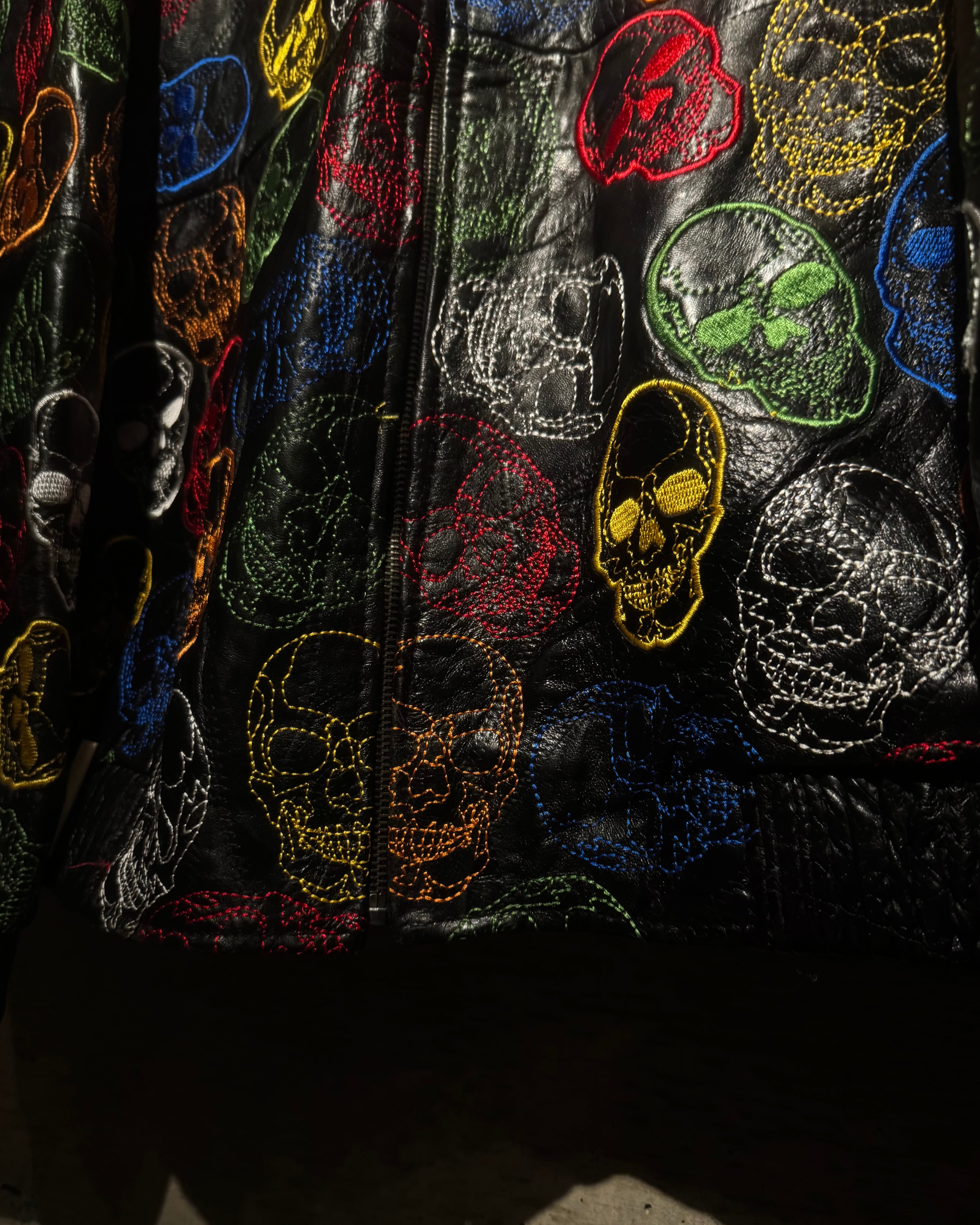 Caka】Skull Total Embroidery × Patchwork Hooded Leather Jacket