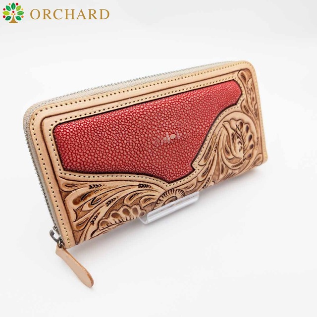 スティングレイ ガルーシャ エイ革 フラワーカービング 牛革 レッド 赤 ラウンドファスナー 長財布 ロングウォレット