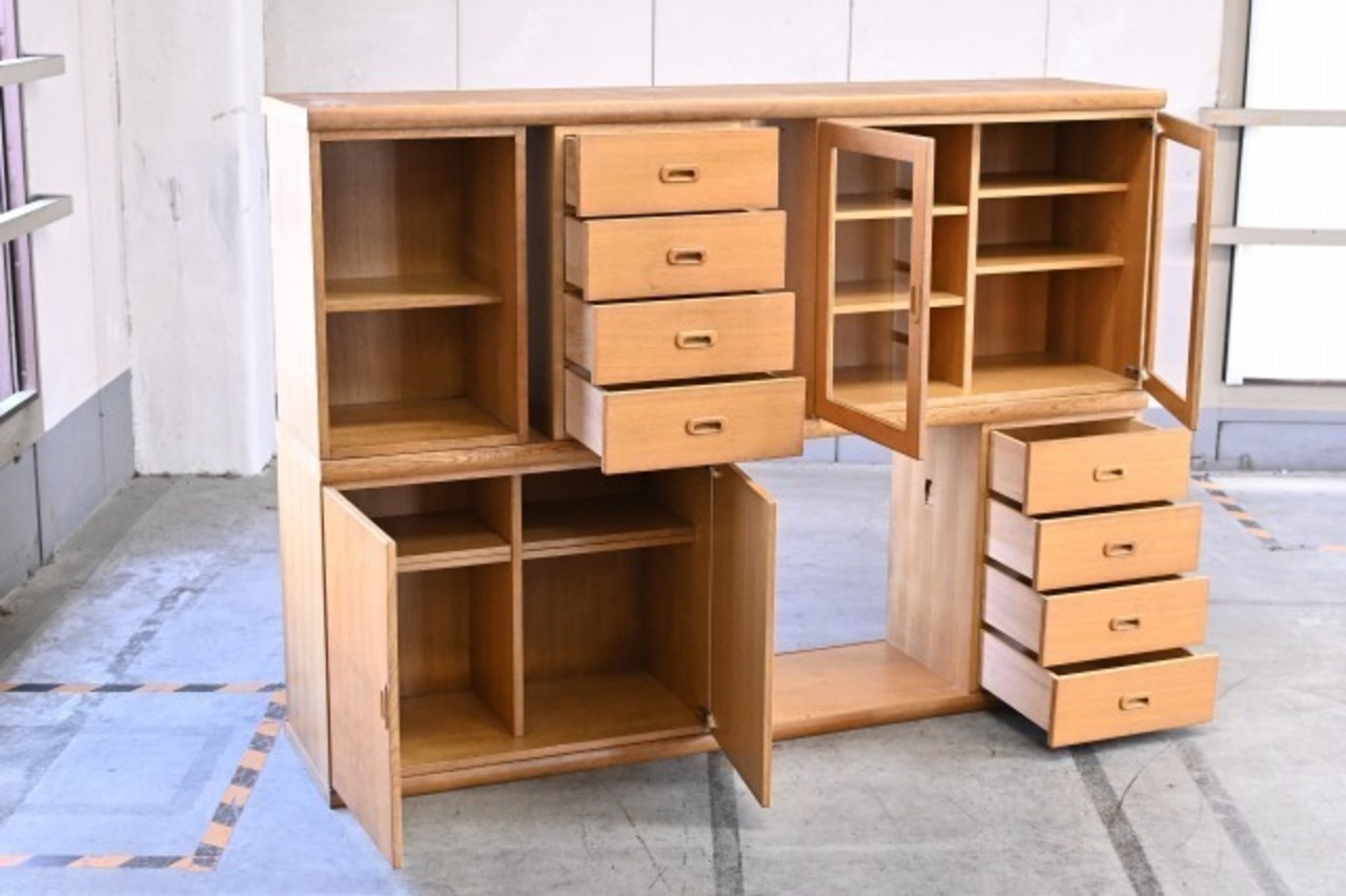 北欧デンマーク製 Hi-Land社 ユニットボード 5個セット オーク材 キャビネット 収納 ガラス扉 リビングボード 本棚 サイド 食器棚【中古家具/中古インテリア/USED家具ユーズド家具/リサイクル】