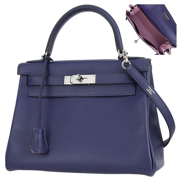 Used HERMES エルメス ケリー28 内縫い D刻印 2WAY ハンドバッグ ブルーアンクル モーヴシルヴェストル ヴォーエヴァーカラー 極美品