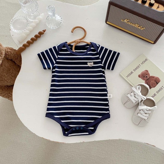 【BABY】くまモチーフストライプ半袖ロンパース - 14