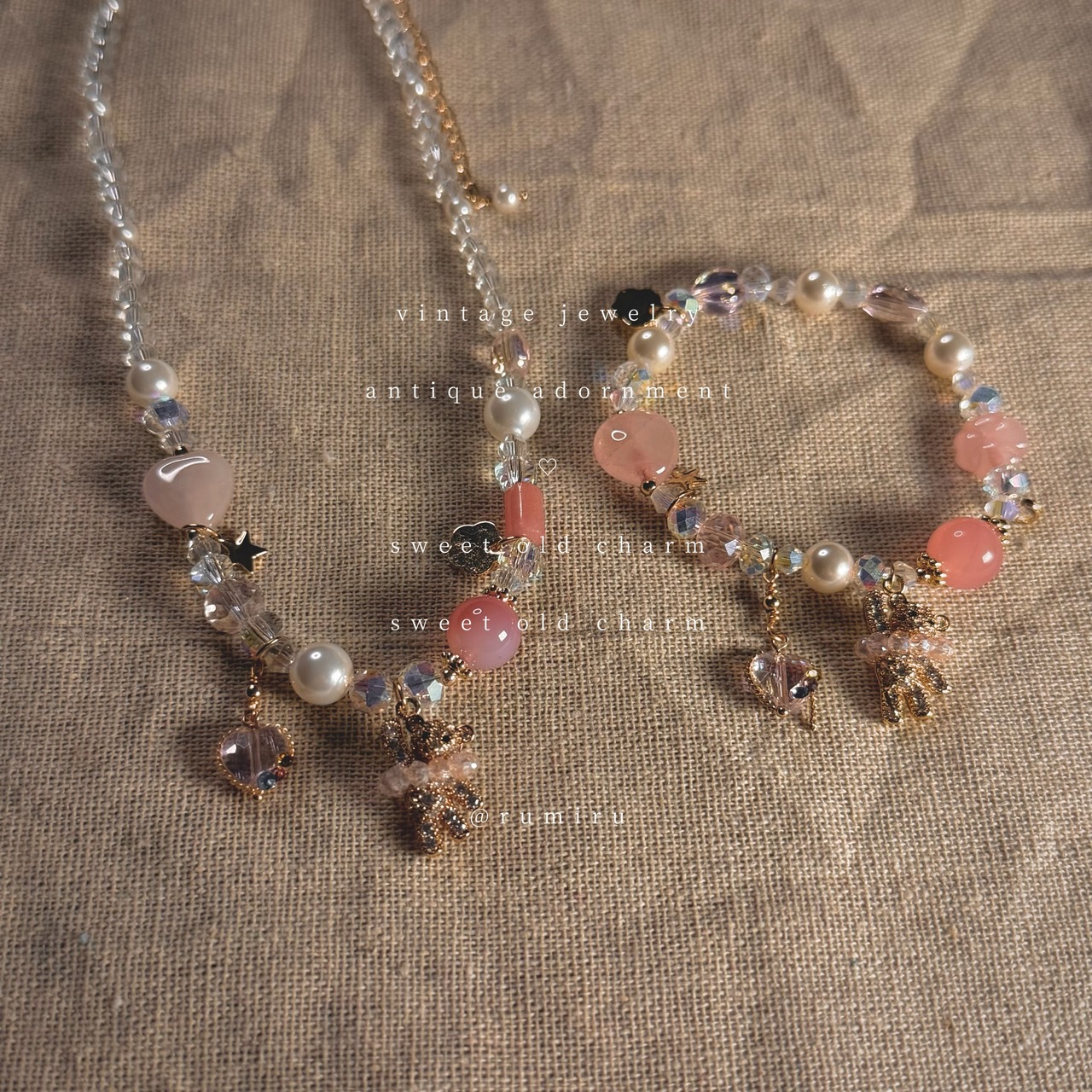 ハンドメイド ローズハート×ベアのアンティーク ネックレス&ブレスレット - 1