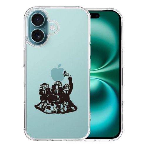 iPhone16 側面ソフト 背面ハード ハイブリッド クリア ケース 3猿　アニマル おさる サル