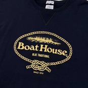 BOAT HOUSE ボートハウス ロゴプリント エルボーパッチ スウェット トレーナー シャツ サイズ 5 /ネイビー×ゴールド/Vガゼット
