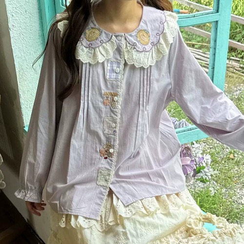 襟レース刺繍ピンタックブラウス ・12444