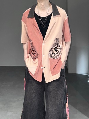 paisley embroidery 2tone pile shirt / pink beige × black