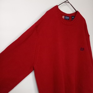 チャップス　クルーネック　コットンニット　セーター　無地　刺繍ロゴ　厚手　オーバーサイズ　レッド　XL