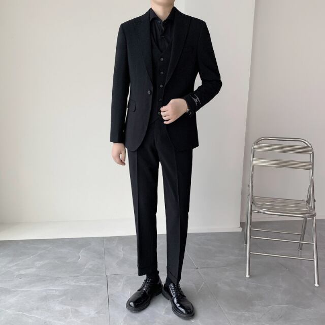 【予約販売】メンズ セットアップ スーツ 無地 シック スリム 男前 ハンサム 黒 ブラック 婚礼 ジャケット パンツ セット セットアップ ビジネス 通勤 フォーマル パーティ 二次会 同窓会 結婚式 韓国 トレンド 春 秋 夏大きいサイズ M/L/XL/2XL/3XL