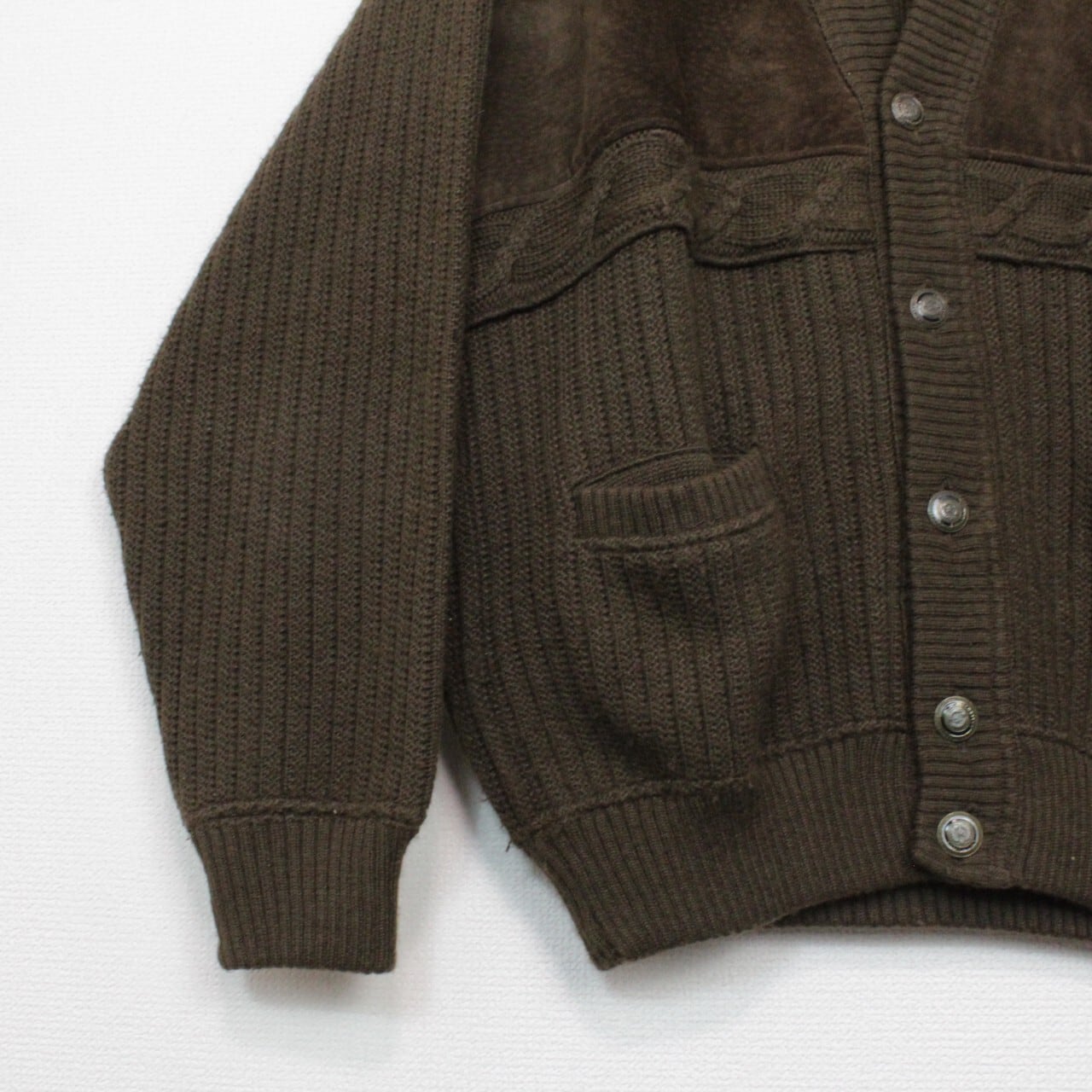 Caka act2】Suede Leather Switching Design Euro Vintage Loose Knit 