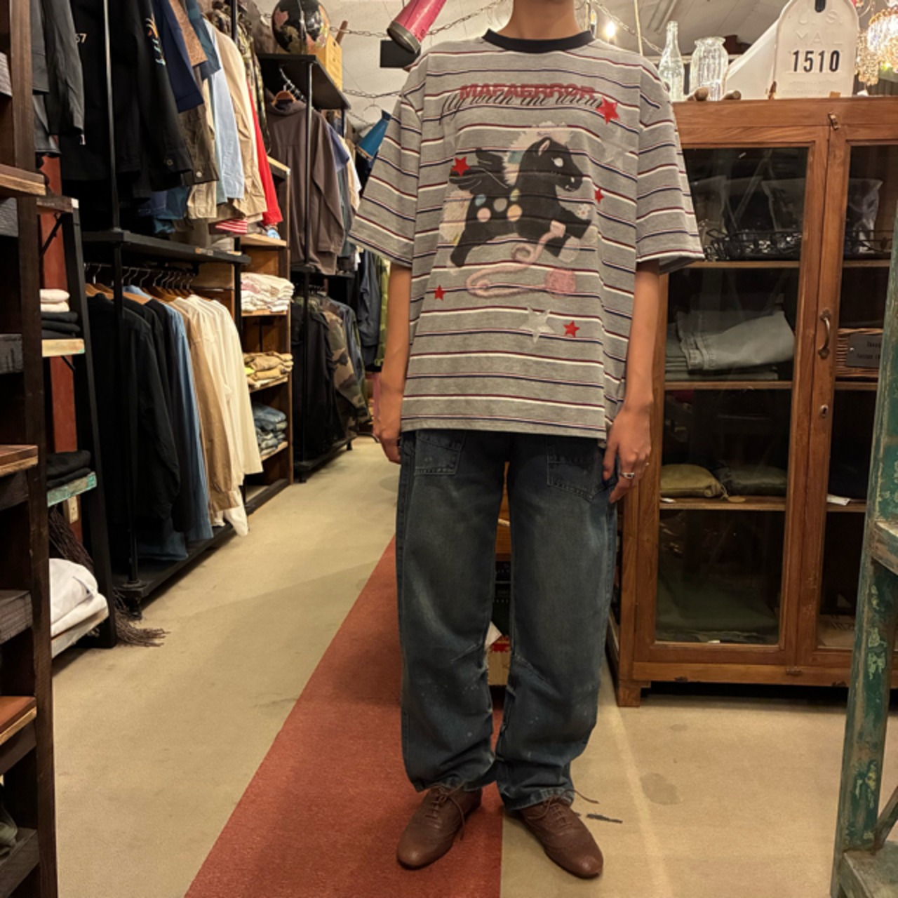 TOPANGA Lady's Vintage Stripe & Pegasus Graphic T-Shirt 　ヴィンテージストライプ＆ペガサスTシャツ　グレー　半袖Tシャツ　レトロ　ファンタジー　ファンシー　ユニセックス