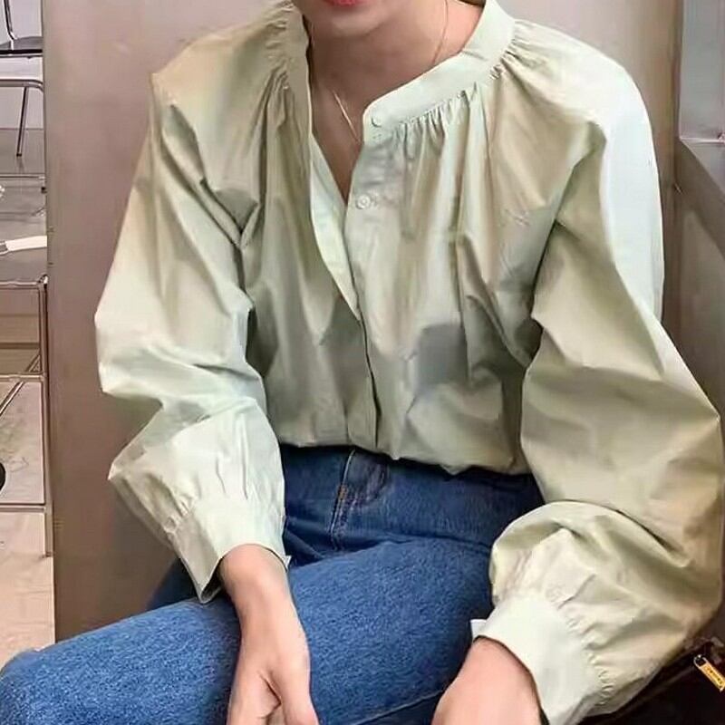 Single-breasted round neck shirt 2colors RW0420