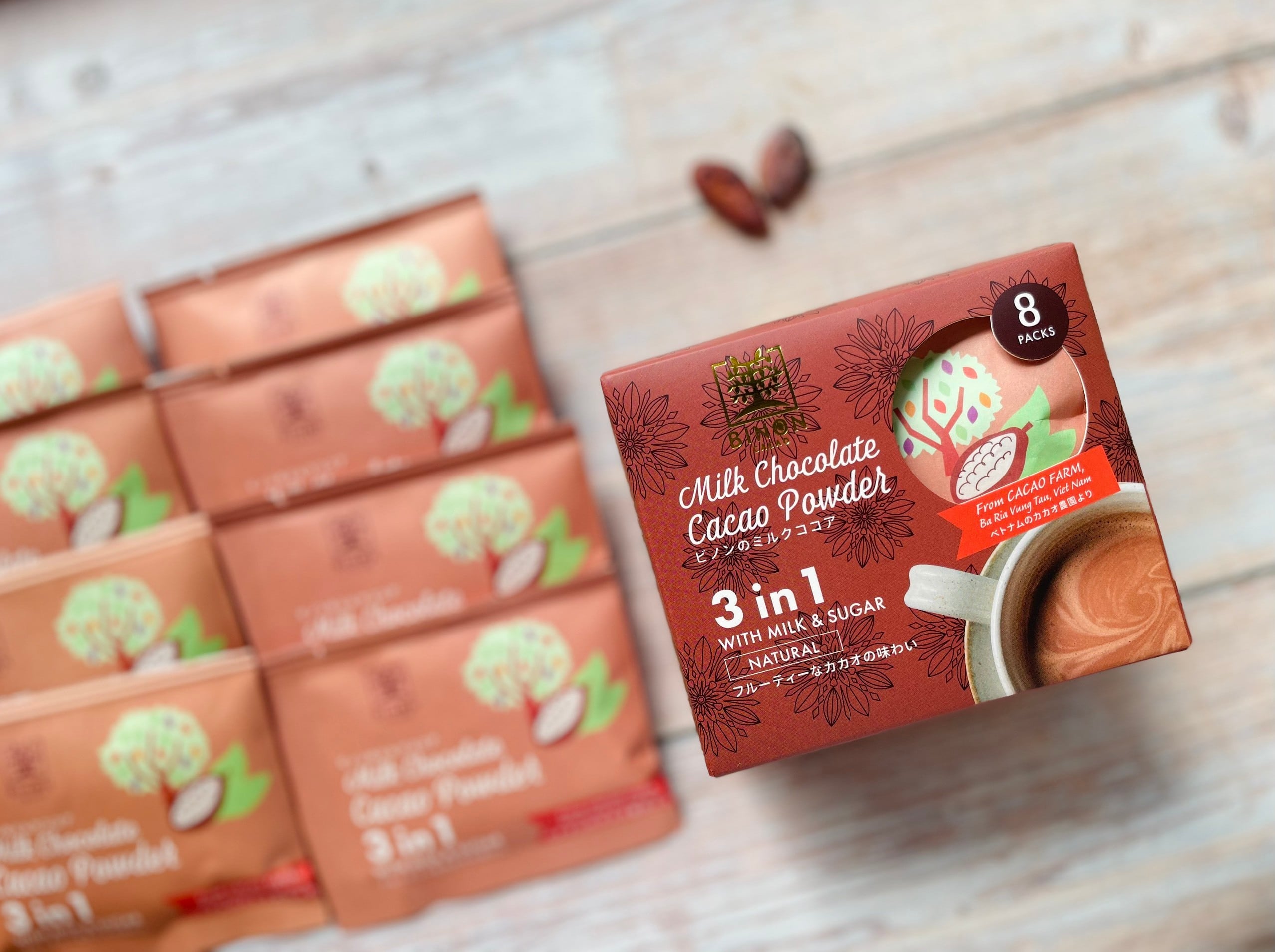 ビノンのミルクココア  チョコレートドリンク ／ 本格的なカカオパウダーが、ミルク砂糖入りで個包装になりました。