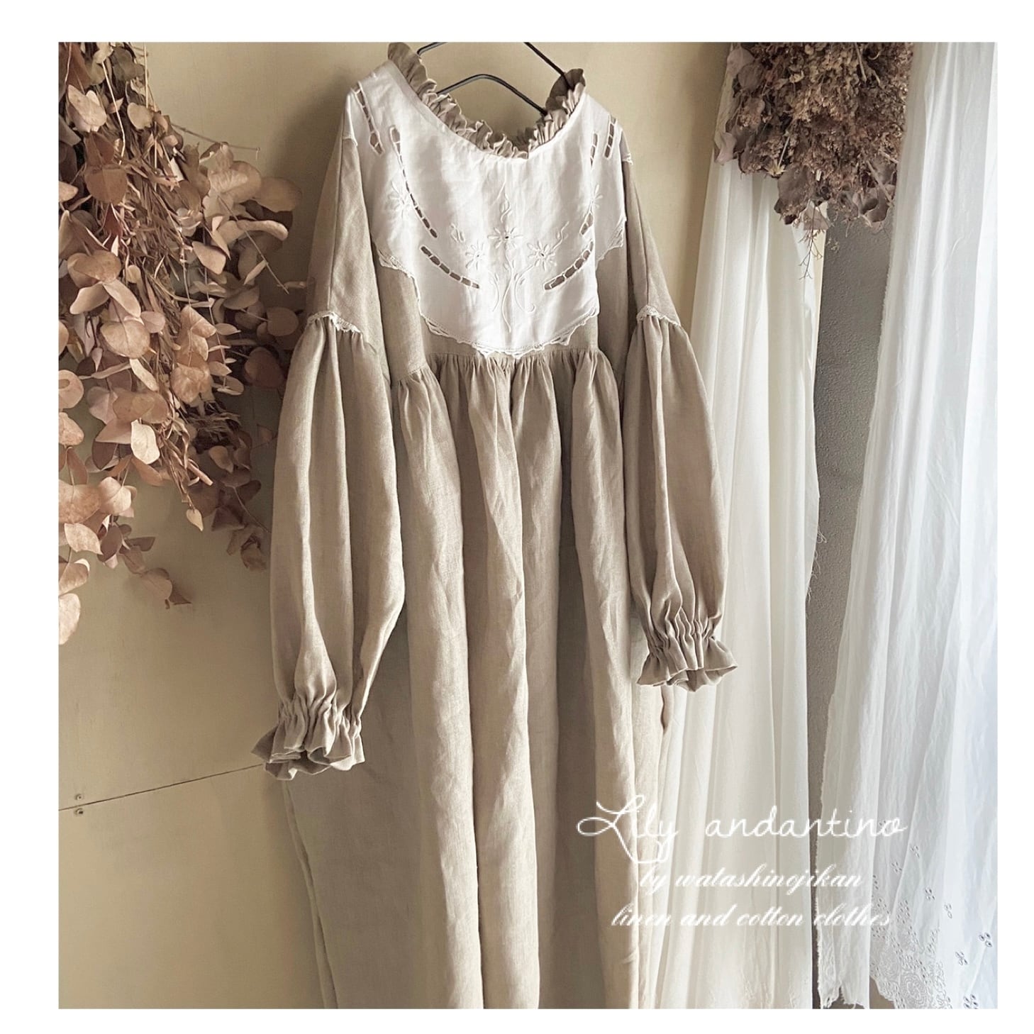 再販//フリルギャザーワンピース／ ヴィンテージレースa リネン生成り  