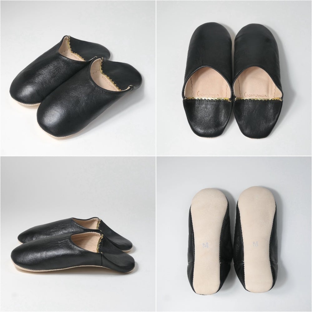 ブラック（プレーン）レザー バブーシュ スリッパ | cocomorocco