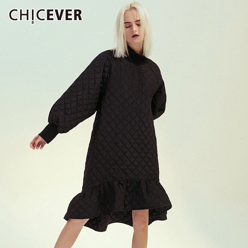 CHICEVERパッチワークフリルドレススタンドカラーランタン長袖フリルウエストドレスレディース2020タイド ロング ラッフル 6base59483384587